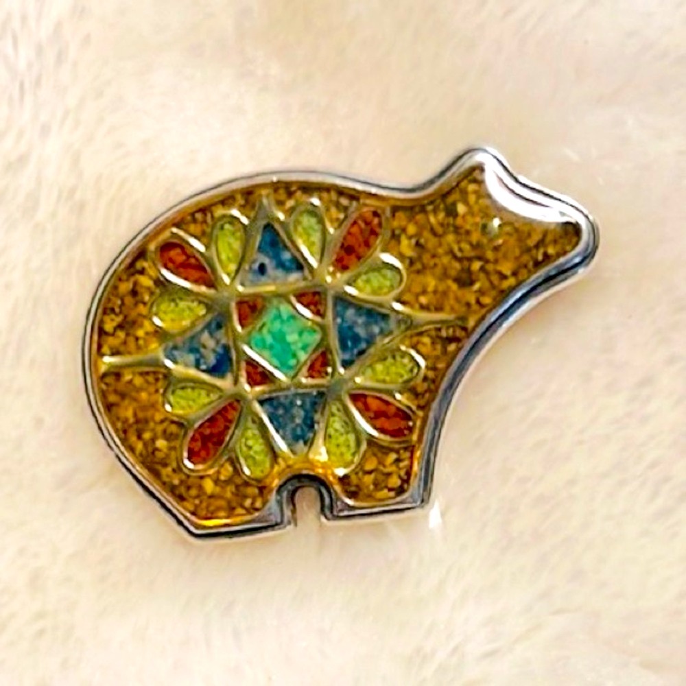 🐻 925 STAMP STERLING SILVER MOSAIC LAPIS STONE BEAR BROOCH PIN/NECKLACE PENDANT
